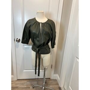 Gabrielle Union Olive‎ Green Faux Leather Tie Waist Blouse Top Size M